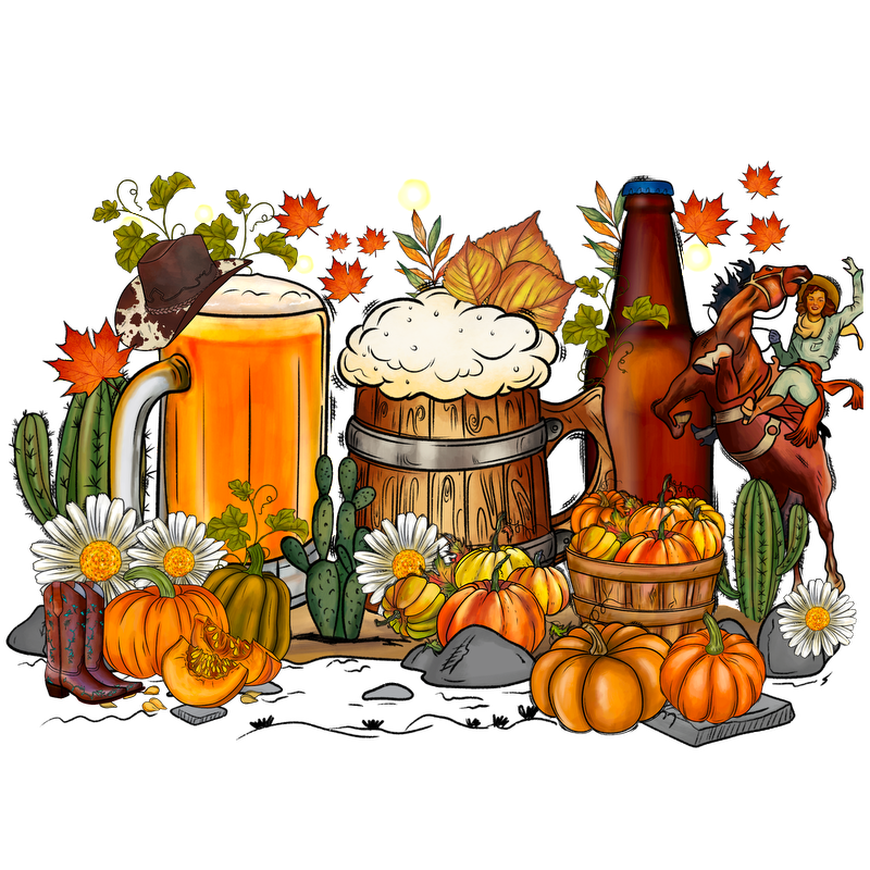 Celebrate autumn with a vibrant illustration featuring beer, pumpkins, daisies, and festive decor, perfect for a seasonal gathering!DTF Transfers heat press transfers heat press transfers