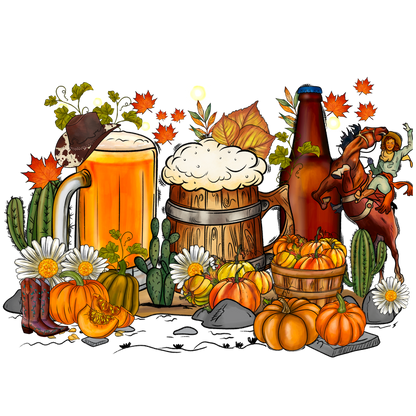 Celebrate autumn with a vibrant illustration featuring beer, pumpkins, daisies, and festive decor, perfect for a seasonal gathering!DTF Transfers heat press transfers heat press transfers