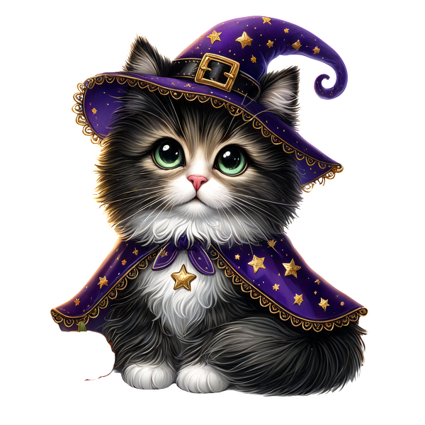 Adorable black and white kitten dressed in a purple witch hat and cape, adorned with stars, perfect for Halloween!dtf regular iron