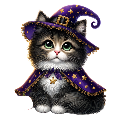 Adorable black and white kitten dressed in a purple witch hat and cape, adorned with stars, perfect for Halloween!dtf regular iron