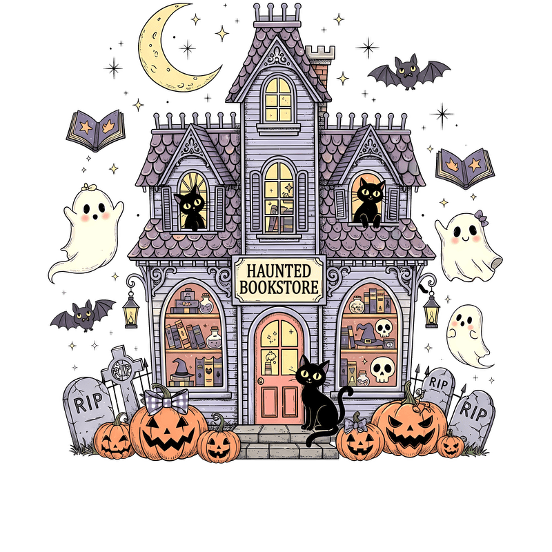 A whimsical haunted bookstore features ghosts, cats, pumpkins, and spooky decorations.DTF Transfers