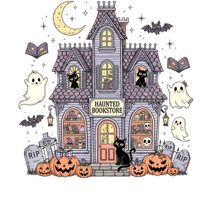 A whimsical haunted bookstore features ghosts, cats, pumpkins, and spooky decorations.DTF Transfers