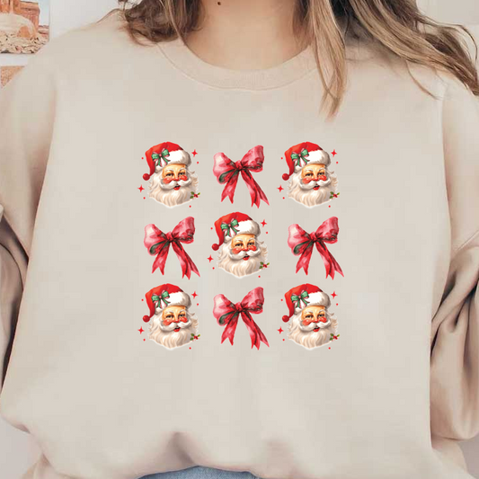 A festive design featuring Santa Claus faces and vibrant red bows, perfect for holiday decorations or seasonal crafts. dtf prints