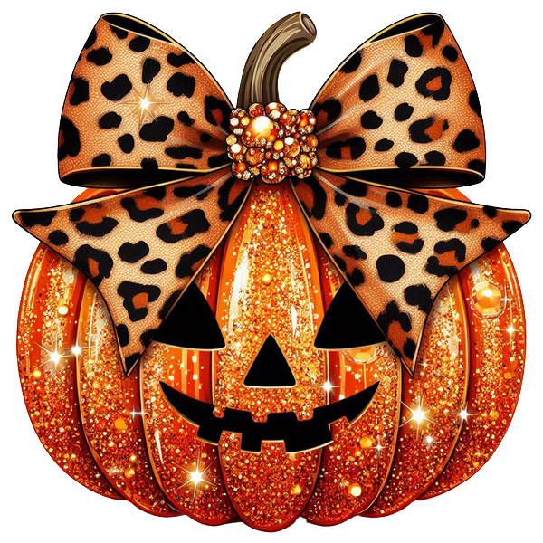 This festive Halloween pumpkin features a sparkling orange body, a playful face, and a stylish leopard-print bow.