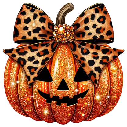 This festive Halloween pumpkin features a sparkling orange body, a playful face, and a stylish leopard-print bow.