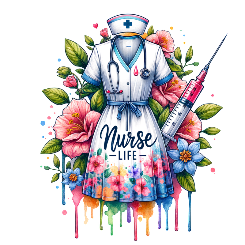 A vibrant "Nurse Life" graphic featuring a floral dress, stethoscope, and syringe, celebrating the spirit of nursing.DTF Transfers