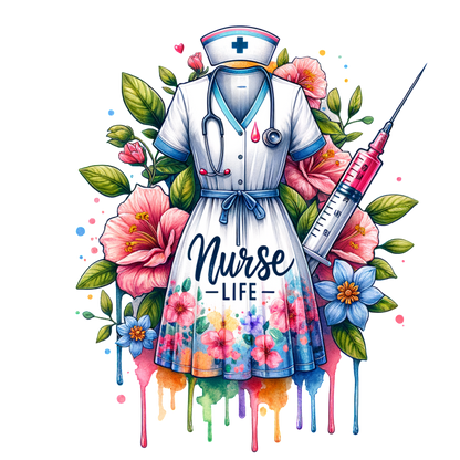 A vibrant "Nurse Life" graphic featuring a floral dress, stethoscope, and syringe, celebrating the spirit of nursing.DTF Transfers