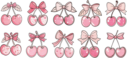 A delightful collection of pink-themed cherry illustrations, featuring bows and various cute designs, perfect for whimsical decorations.UV Transfers dtf transfers