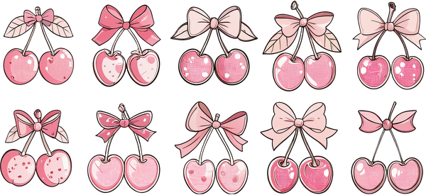 A colorful collection of cute pink cherry illustrations, each adorned with lovely bows and varying patterns.UV Transfers dtf prints