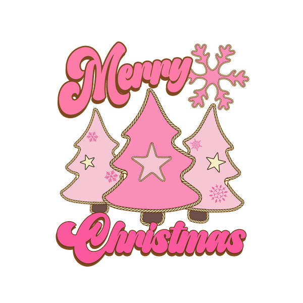 A cheerful pink and white Christmas graphic featuring stylized trees, a snowflake, and the words "Merry Christmas."dtf regular iron