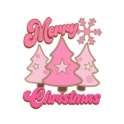 A cheerful pink and white Christmas graphic featuring stylized trees, a snowflake, and the words "Merry Christmas."dtf regular iron