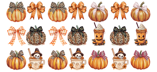 Una encantadora colección de ilustraciones con temática otoñal que incluye calabazas, cintas y bebidas festivas, perfectas para la decoración otoñal. Transferencias UV