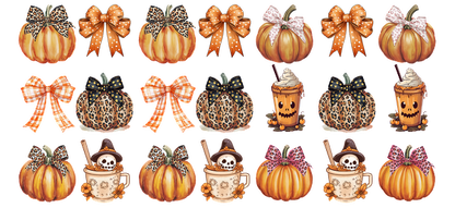 Una encantadora colección de ilustraciones con temática otoñal que incluye calabazas, cintas y bebidas festivas, perfectas para la decoración otoñal. Transferencias UV