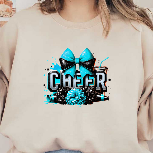 A vibrant graphic celebrating cheerleading, featuring bold "CHEER" text, pom-poms, a blue bow, and colorful party elements.DTF Transfers dtf transfers