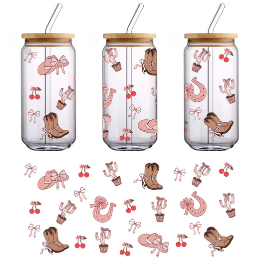 A playful pattern featuring pink bows, cowboy boots, cacti, and cherries, perfect for a fun, Western-themed design!UV Transfers dtf prints