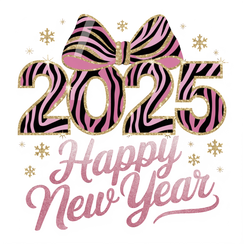 Celebrate the New Year with this vibrant, glittery design featuring the year 2025, pink zebra stripes, and festive snowflakes!DTF Transfers