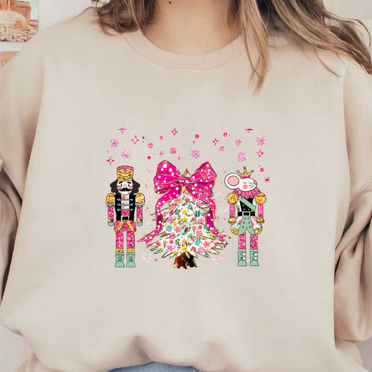 A whimsical holiday scene featuring a sparkling nutcracker, a charming mouse king, and a vibrant, floral-decorated Christmas tree with a large pink bow.DTF Transfers heat press transfers