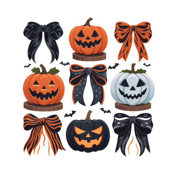 Una colorida colección de calabazas y lazos con temática de Halloween, con diseños sonrientes y espeluznantes en naranja, negro y blanco.