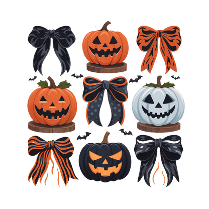 Una colorida colección de calabazas y lazos con temática de Halloween, con diseños sonrientes y espeluznantes en naranja, negro y blanco.