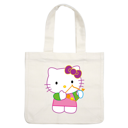 Meet Hello Kitty, the adorable character dressed in pink with a playful bow, holding a colorful toy.DTF Transfers