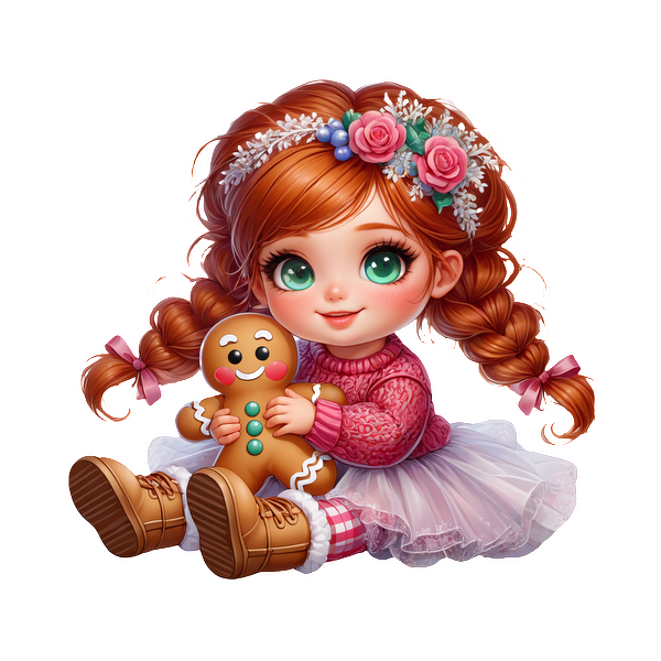 A cute animated girl with braided hair, wearing a sweater and skirt, joyfully hugs a gingerbread cookie.DTF Transfers dtf prints