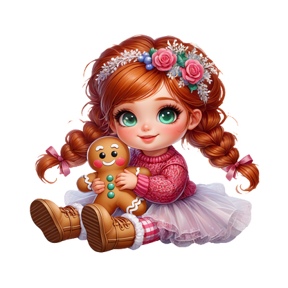 A cute animated girl with braided hair, wearing a sweater and skirt, joyfully hugs a gingerbread cookie.DTF Transfers dtf prints