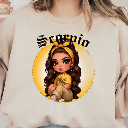 Una linda chica de dibujos animados con cabello largo y oscuro, que viste una camisa amarilla y una diadema, que simboliza el signo zodiacal Escorpio.