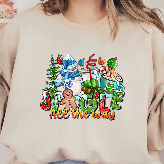 Celebrate the festive season with this colorful, whimsical design featuring a snowman, gingerbread, holiday treats, and cheerful decorations!DTF Transfers dtf transfers