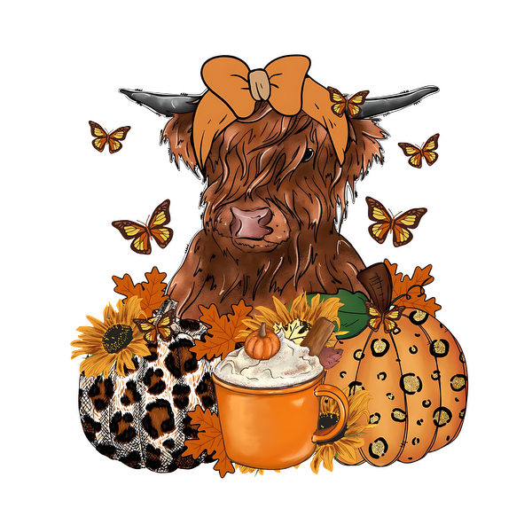 A charming illustration of a Highland cow adorned with a bow, surrounded by autumn leaves, sunflowers, butterflies, and cozy fall elements.dtf regular iron