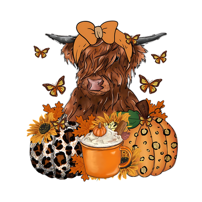 A charming illustration of a Highland cow adorned with a bow, surrounded by autumn leaves, sunflowers, butterflies, and cozy fall elements.dtf regular iron