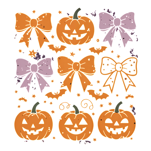 Un patrón festivo de Halloween con divertidas calabazas y encantadores lazos en vibrantes tonos naranja y morado, adornados con murciélagos y estrellas.