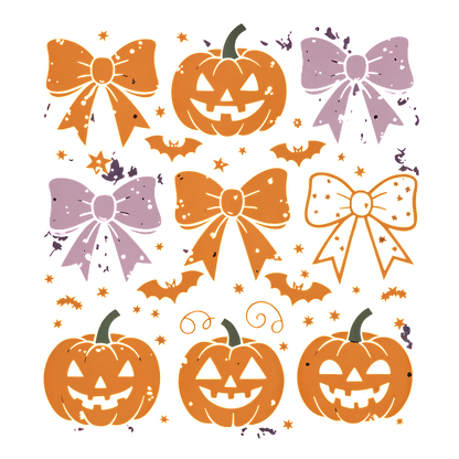 Un patrón festivo de Halloween con divertidas calabazas y encantadores lazos en vibrantes tonos naranja y morado, adornados con murciélagos y estrellas.