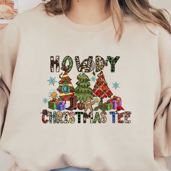 Celebrate the season with this festive "Howdy Christmas Tee," featuring vibrant Christmas trees, gifts, and cheerful holiday decorations.DTF Transfers dtf transfers