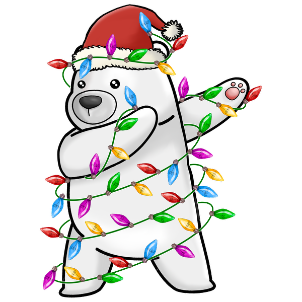 A cheerful cartoon polar bear in a Santa hat is playfully wrapped in colorful Christmas lights. heat press transfers