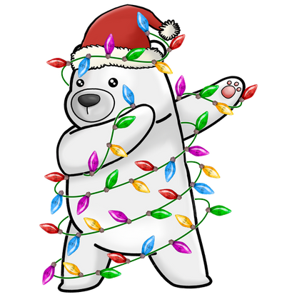 A cheerful cartoon polar bear in a Santa hat is playfully wrapped in colorful Christmas lights. heat press transfers