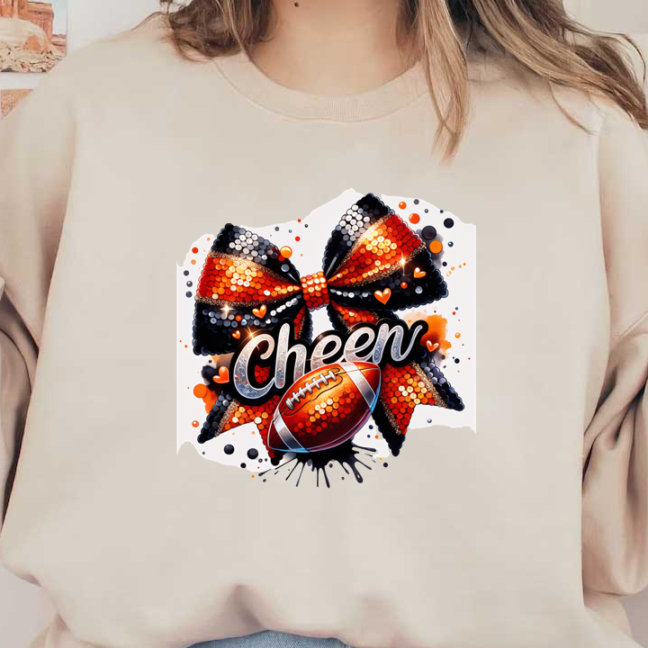 A vibrant cheerleading design featuring a glossy black and orange bow, accented with a football and the word "Cheer."DTF Transfersdtf regular iron