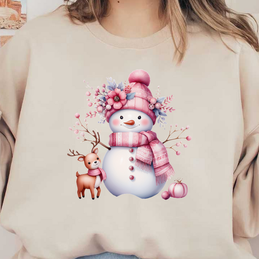 A cheerful pink-hatted snowman adorned with flowers and a matching scarf, accompanied by a cute reindeer and festive decorations. heat press transfers