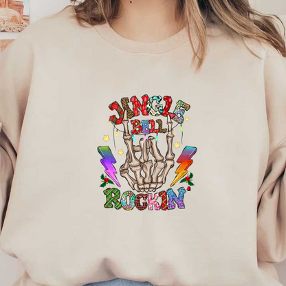 A festive and edgy design featuring a skeleton hand making a rock gesture, surrounded by colorful text and holiday motifs.DTF Transfers dtf transfers dtf transfers