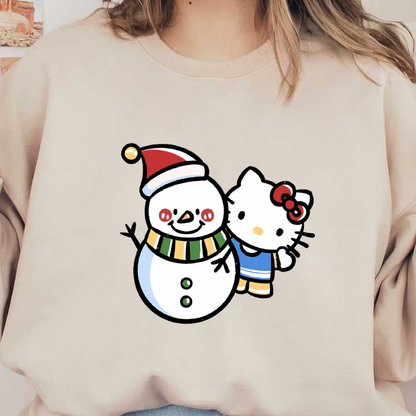 Hello Kitty joyfully poses with a cheerful snowman, both embracing the festive spirit with colorful accessories and warm smiles.DTF Transfers