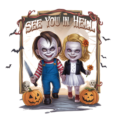 A spooky illustration of two eerie, cartoonish children, holding a knife and a flower, framed by Halloween elements. dtf prints