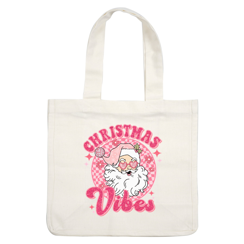 Colorful and cheerful illustration of a playful Santa with heart-shaped glasses, surrounded by "Christmas Vibes" text in pink.dtf regular iron