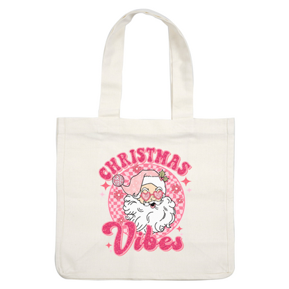 Colorful and cheerful illustration of a playful Santa with heart-shaped glasses, surrounded by "Christmas Vibes" text in pink.dtf regular iron