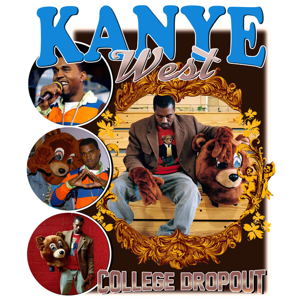 A vibrant collage featuring Kanye West in various iconic looks, celebrating his "College Dropout" era with a bear motif.DTF Transfersdtf regular iron