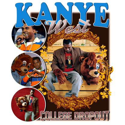 A vibrant collage featuring Kanye West in various iconic looks, celebrating his "College Dropout" era with a bear motif.DTF Transfersdtf regular iron