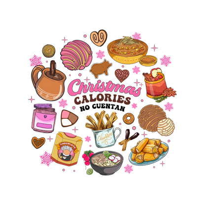 A festive collection of delicious holiday treats, including hot chocolate, churros, cookies, and other sweet delights, celebrating Christmas calories!DTF Transfersdtf regular irondtf regular iron