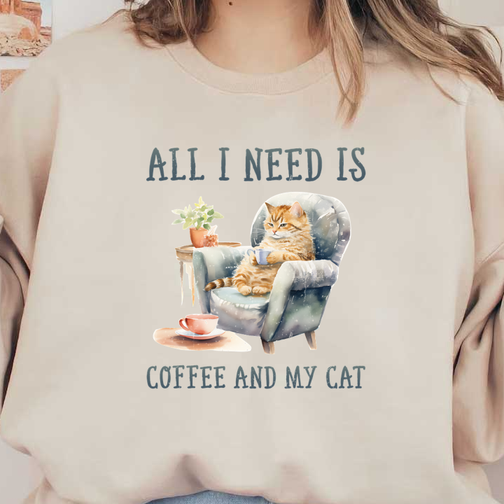 Acogedora ilustración que presenta un gato relajado en una silla con una taza de café, complementada con plantas y una cita caprichosa.