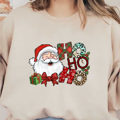 A festive design featuring Santa, bold "HO HO HO" letters in various patterns, and colorful holiday gifts adorned with bows.DTF Transfersdtf regular iron