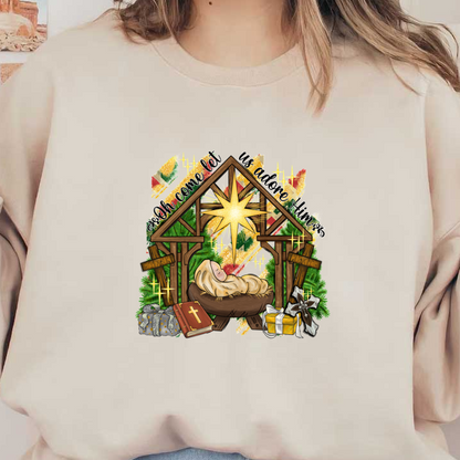 A charming nativity scene featuring a peaceful baby in a manger, surrounded by gifts and decorated with festive greenery.DTF Transfers dtf transfers