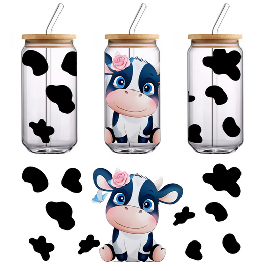 This adorable cartoon cow features big blue eyes, a pink flower on its ear, and a playful expression.UV Transfers
