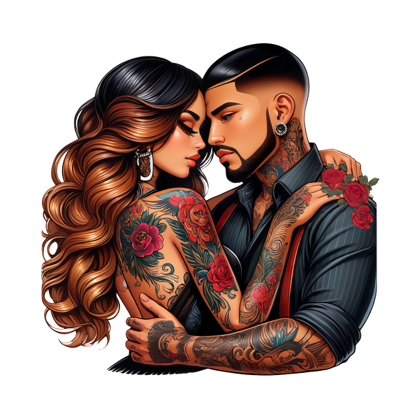 Una ilustración vibrante de una pareja con tatuajes intrincados, abrazándose íntimamente, con rosas y cortes de pelo elegantes, irradiando amor y pasión. Transferencias DTF